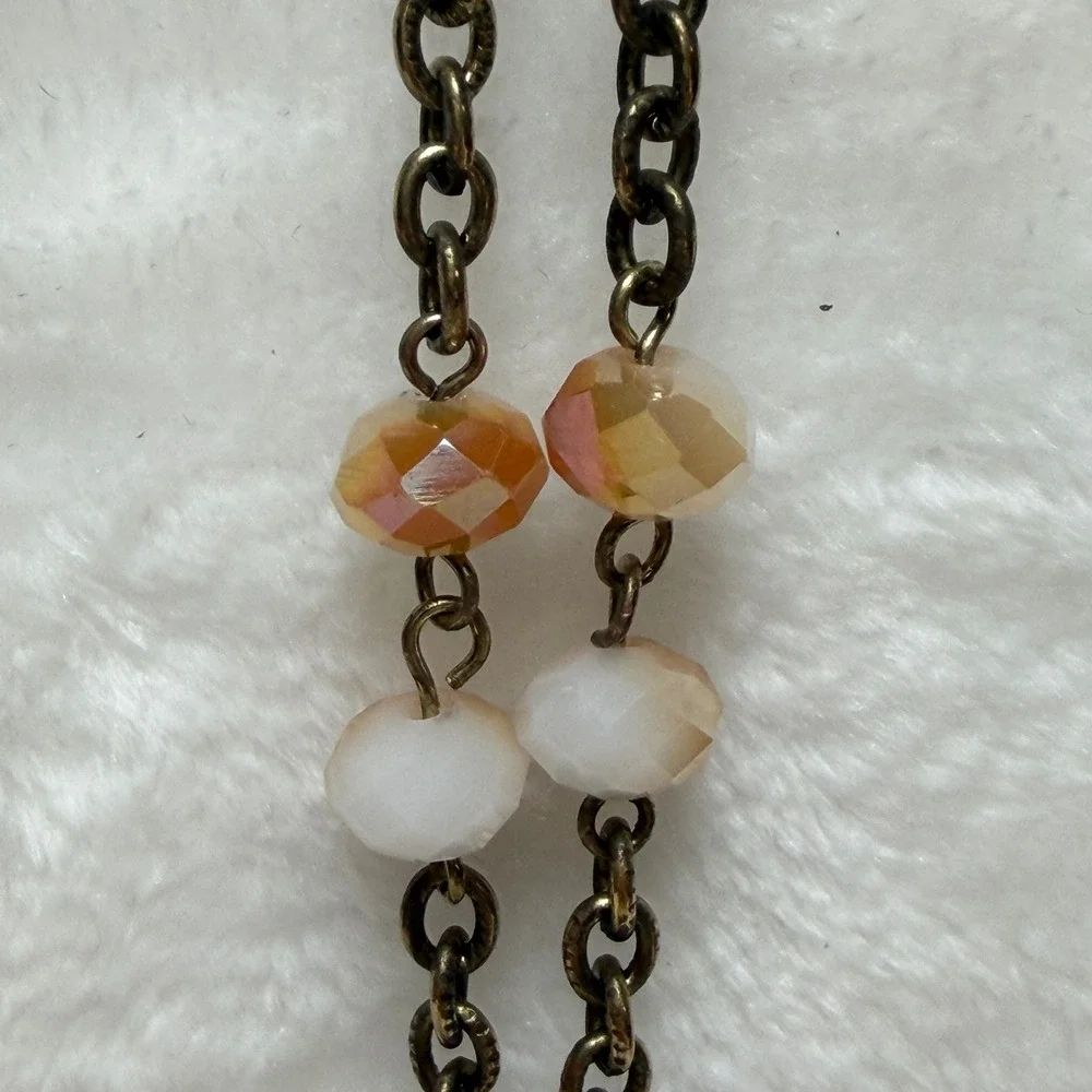Amber Glass‎ Bead Sunburst Pendant Necklace Bronze Tone Long Boho Statement
